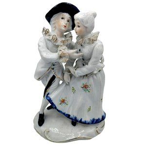 Vintage Lace Bisque Colonial Dancing Couple Ruffles Porcelain  Glazed  7.75"